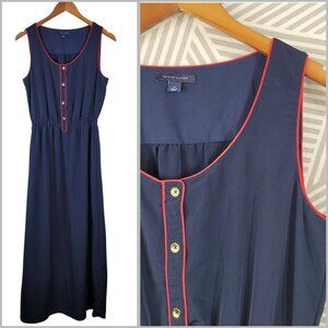 Tommy Hilfiger Maxi Dress Mediu Navy Blue Red Trim Pockets Lightweight Womens